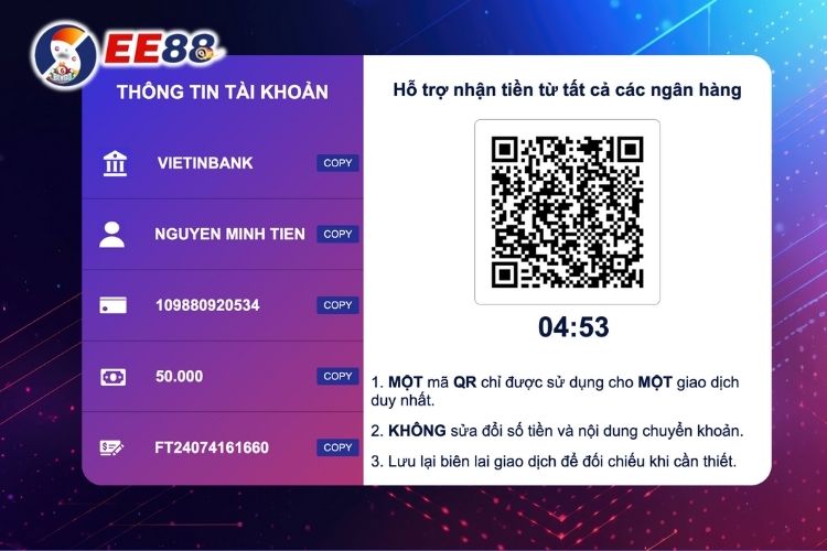 Nạp tiền EE88 theo thông tin giao dịch mà nhà cái cung cấp