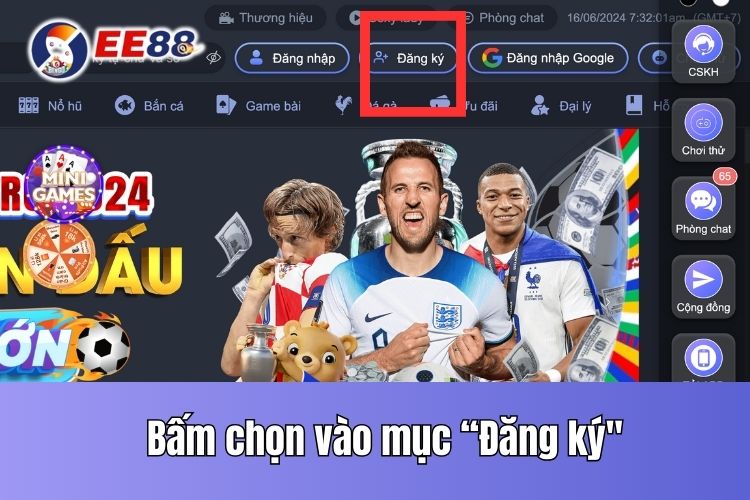 Người chơi bấm chọn EE88 Đăng ký