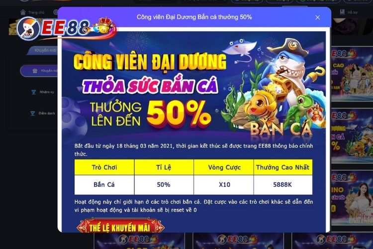 Thưởng ngay 50% EE88 khuyến mãi khi tham gia công viên đại dương