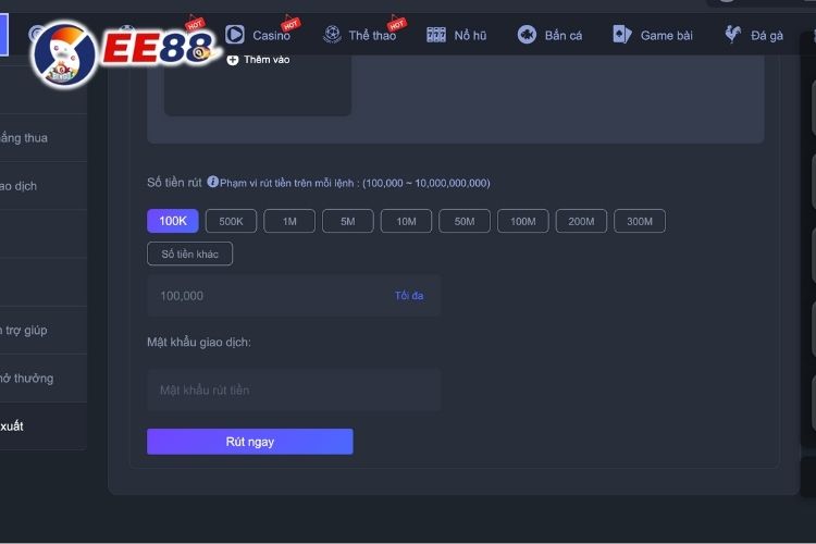 Tiến hành nhập thông tin EE88 rút tiền