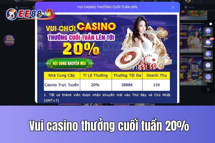 Vui casino thưởng cuối tuần 20% cùng nhà cái ngay hôm nay